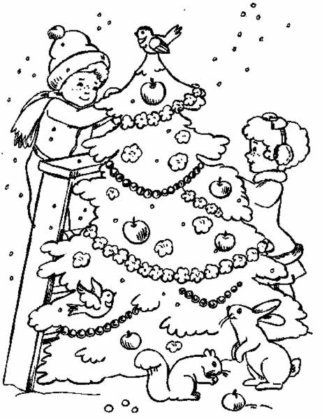coloriage sapin de noel les enfants mettent les guirlandes